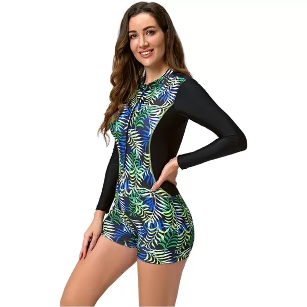 IDOPIP Rash Guard for Women Long Sleeve UV Sun Protection Rash Guard Shirt One Piece Swimsuit Zip Surfing Bathing Suit UPF 50Black  Green  Blue Leaves