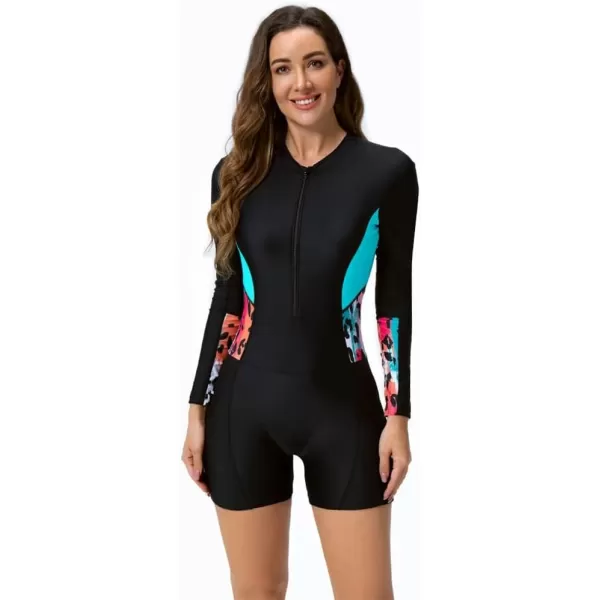 IDOPIP Rash Guard for Women Long Sleeve UV Sun Protection Rash Guard Shirt One Piece Swimsuit Zip Surfing Bathing Suit UPF 50Black  Green