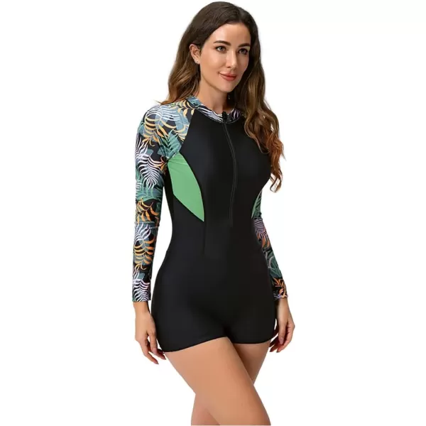 IDOPIP Rash Guard for Women Long Sleeve UV Sun Protection Rash Guard Shirt One Piece Swimsuit Zip Surfing Bathing Suit UPF 50Black  Green Leaves