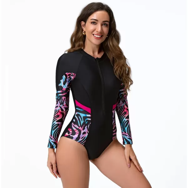 IDOPIP Rash Guard for Women Long Sleeve UV Sun Protection Rash Guard Shirt One Piece Swimsuit Zip Surfing Bathing Suit UPF 50Black Print