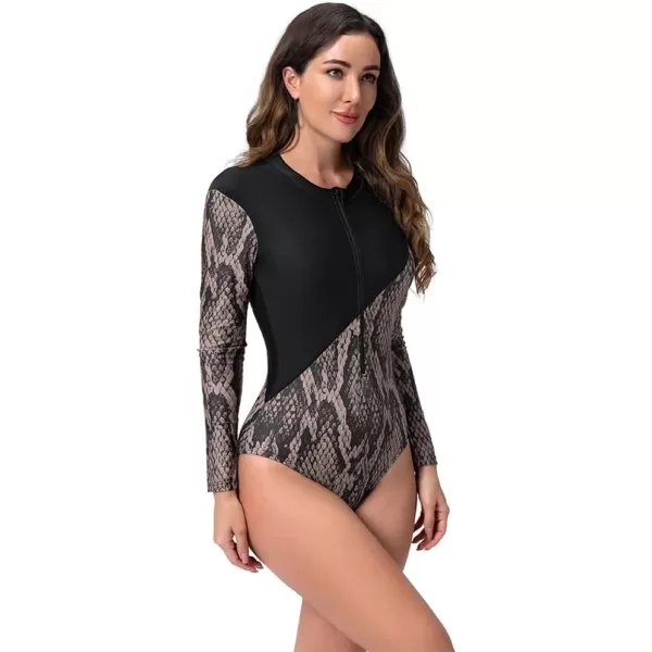 IDOPIP Rash Guard for Women Long Sleeve UV Sun Protection Rash Guard Shirt One Piece Swimsuit Zip Surfing Bathing Suit UPF 50Black Snakeskin