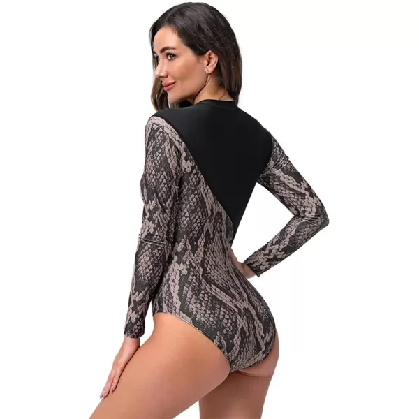 IDOPIP Rash Guard for Women Long Sleeve UV Sun Protection Rash Guard Shirt One Piece Swimsuit Zip Surfing Bathing Suit UPF 50Black Snakeskin