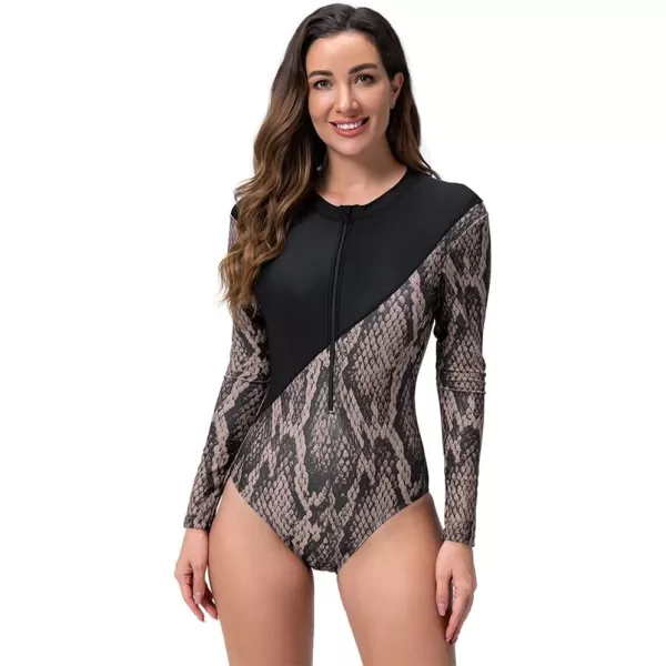 IDOPIP Rash Guard for Women Long Sleeve UV Sun Protection Rash Guard Shirt One Piece Swimsuit Zip Surfing Bathing Suit UPF 50Black Snakeskin