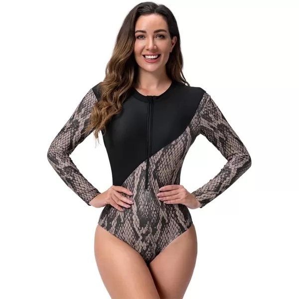 IDOPIP Rash Guard for Women Long Sleeve UV Sun Protection Rash Guard Shirt One Piece Swimsuit Zip Surfing Bathing Suit UPF 50Black Snakeskin