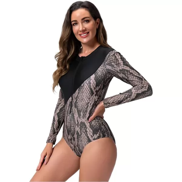 IDOPIP Rash Guard for Women Long Sleeve UV Sun Protection Rash Guard Shirt One Piece Swimsuit Zip Surfing Bathing Suit UPF 50Black Snakeskin