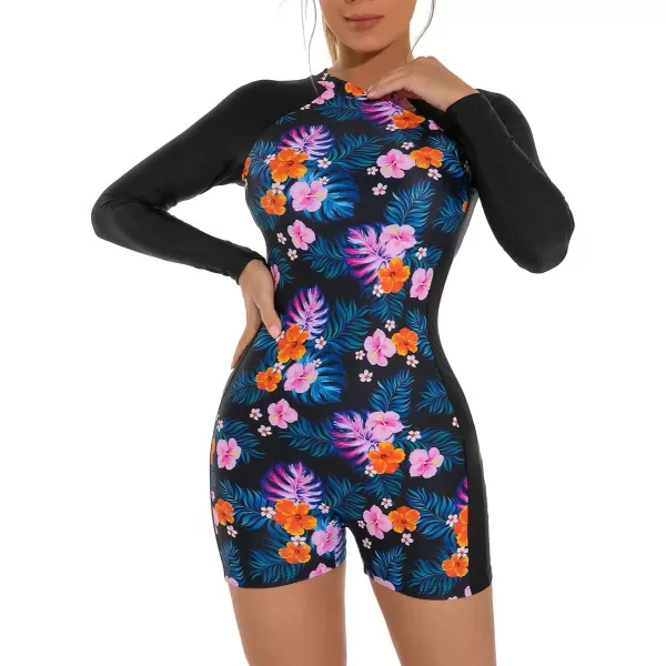 IDOPIP Rash Guard for Women Long Sleeve UV Sun Protection Rash Guard Shirt One Piece Swimsuit Zip Surfing Bathing Suit UPF 50Blue  Pink Floral  Long Sleeve