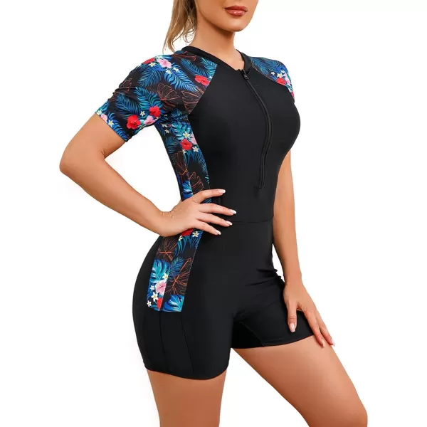 IDOPIP Rash Guard for Women Long Sleeve UV Sun Protection Rash Guard Shirt One Piece Swimsuit Zip Surfing Bathing Suit UPF 50Blue  Yellow Floral