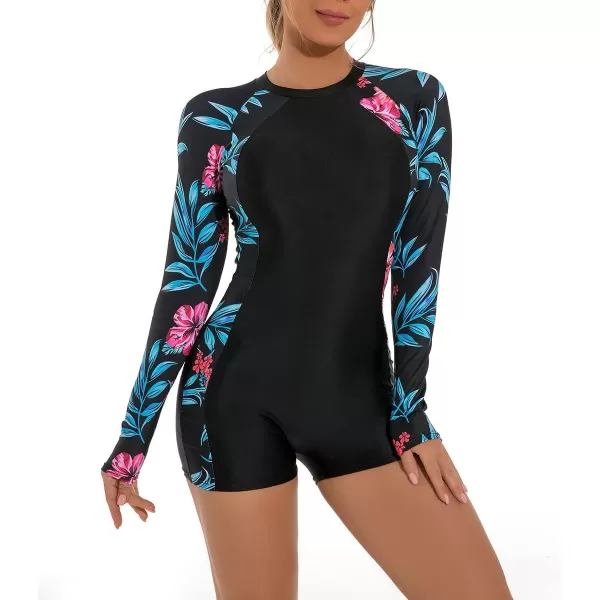 IDOPIP Rash Guard for Women Long Sleeve UV Sun Protection Rash Guard Shirt One Piece Swimsuit Zip Surfing Bathing Suit UPF 50Blue Leaves  Cutout