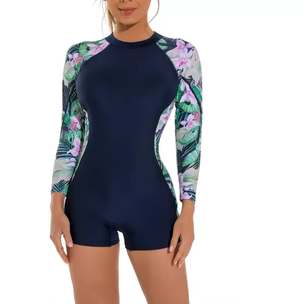 IDOPIP Rash Guard for Women Long Sleeve UV Sun Protection Rash Guard Shirt One Piece Swimsuit Zip Surfing Bathing Suit UPF 50Green Floral  Long Sleeve