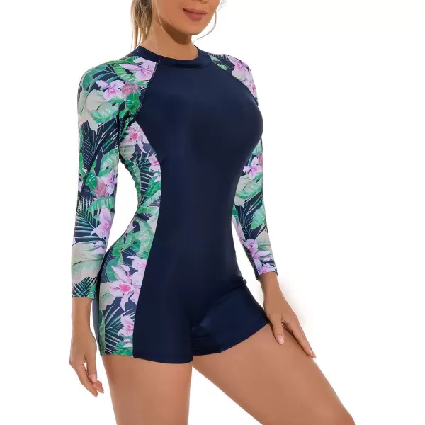 IDOPIP Rash Guard for Women Long Sleeve UV Sun Protection Rash Guard Shirt One Piece Swimsuit Zip Surfing Bathing Suit UPF 50Green Floral  Long Sleeve