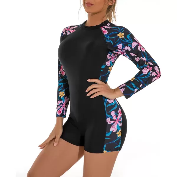 IDOPIP Rash Guard for Women Long Sleeve UV Sun Protection Rash Guard Shirt One Piece Swimsuit Zip Surfing Bathing Suit UPF 50Pink Floral  Long Sleeve