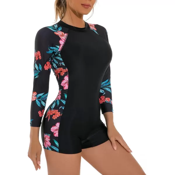 IDOPIP Rash Guard for Women Long Sleeve UV Sun Protection Rash Guard Shirt One Piece Swimsuit Zip Surfing Bathing Suit UPF 50Red Floral  Long Sleeve