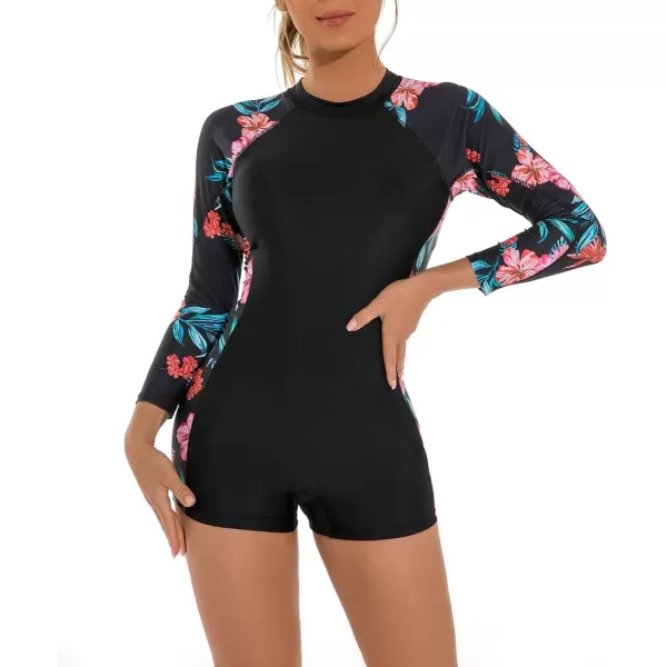 IDOPIP Rash Guard for Women Long Sleeve UV Sun Protection Rash Guard Shirt One Piece Swimsuit Zip Surfing Bathing Suit UPF 50Red Floral  Long Sleeve