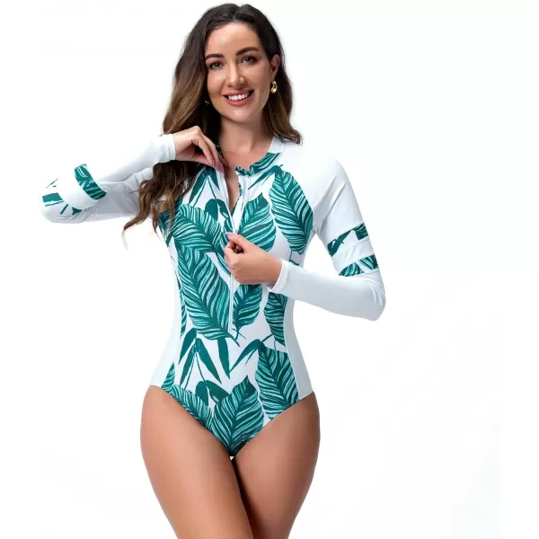 IDOPIP Rash Guard for Women Long Sleeve UV Sun Protection Rash Guard Shirt One Piece Swimsuit Zip Surfing Bathing Suit UPF 50White  Blue Leaves