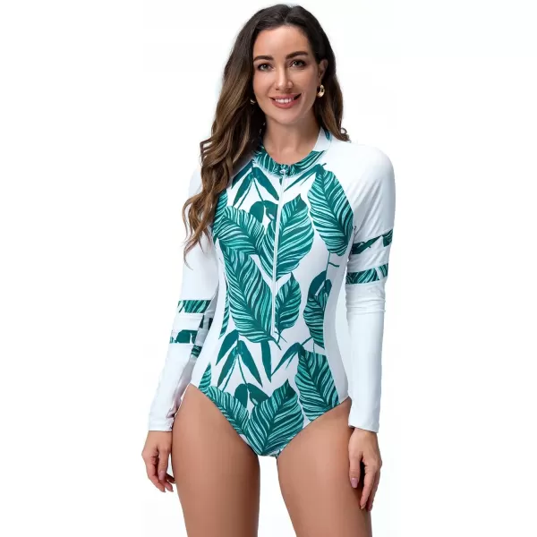 IDOPIP Rash Guard for Women Long Sleeve UV Sun Protection Rash Guard Shirt One Piece Swimsuit Zip Surfing Bathing Suit UPF 50White  Blue Leaves