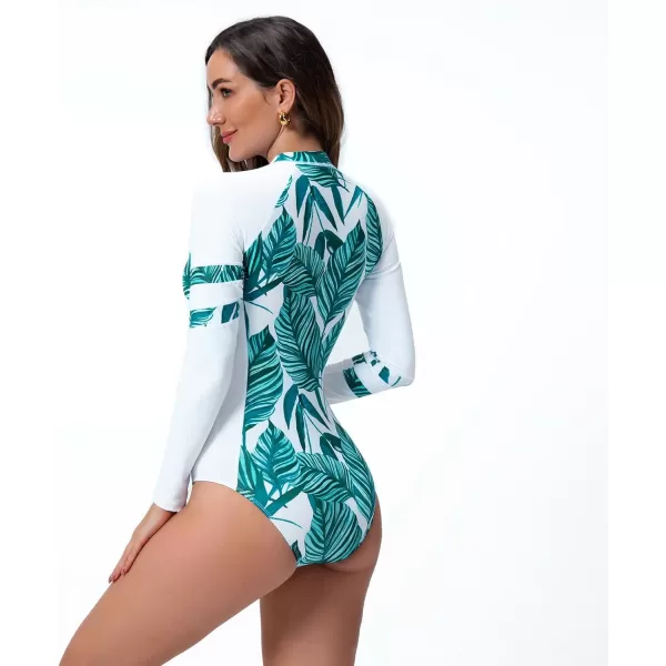 IDOPIP Rash Guard for Women Long Sleeve UV Sun Protection Rash Guard Shirt One Piece Swimsuit Zip Surfing Bathing Suit UPF 50White  Blue Leaves