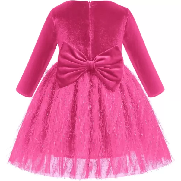 IDOPIP Shiny Velvet Dress for Toddler Baby Girls Fall Winter Long Sleeve Christmas Birthday Party Bowknot Tutu Dress ClothesHot Pink  Fluffy