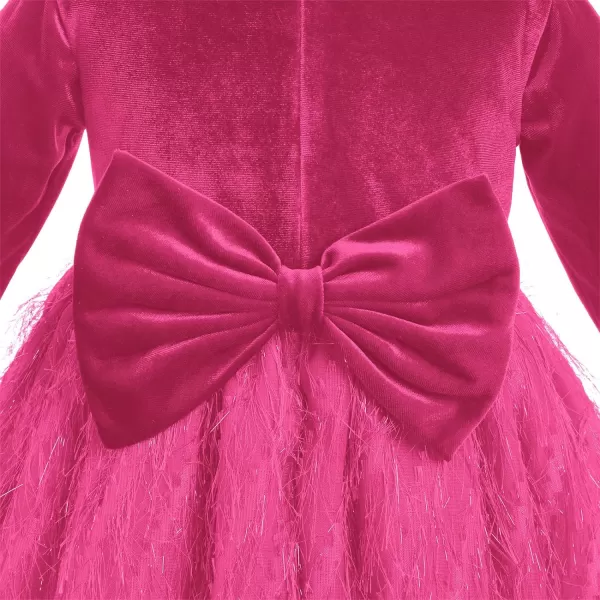 IDOPIP Shiny Velvet Dress for Toddler Baby Girls Fall Winter Long Sleeve Christmas Birthday Party Bowknot Tutu Dress ClothesHot Pink  Fluffy