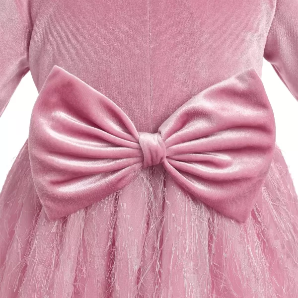 IDOPIP Shiny Velvet Dress for Toddler Baby Girls Fall Winter Long Sleeve Christmas Birthday Party Bowknot Tutu Dress ClothesPink  Fluffy