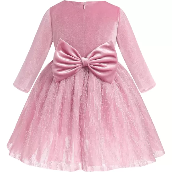 IDOPIP Shiny Velvet Dress for Toddler Baby Girls Fall Winter Long Sleeve Christmas Birthday Party Bowknot Tutu Dress ClothesPink  Fluffy