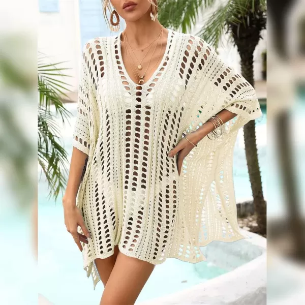 IDOPIP Swimsuit Coverup for Women Cover up Beach Dress Mesh Lace Crochet VNeck Bikini Beachwear Swimwear Dress Bathing SuitBeige