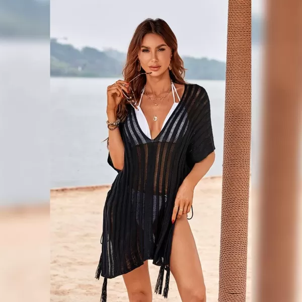 IDOPIP Swimsuit Coverup for Women Cover up Beach Dress Mesh Lace Crochet VNeck Bikini Beachwear Swimwear Dress Bathing SuitBlack  Straps