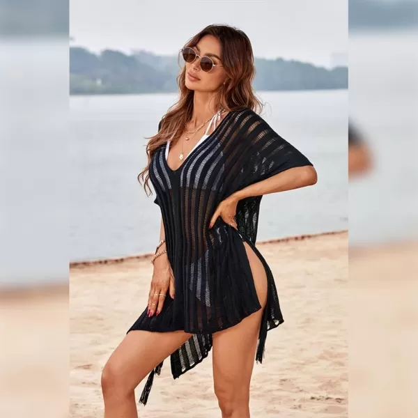 IDOPIP Swimsuit Coverup for Women Cover up Beach Dress Mesh Lace Crochet VNeck Bikini Beachwear Swimwear Dress Bathing SuitBlack  Straps