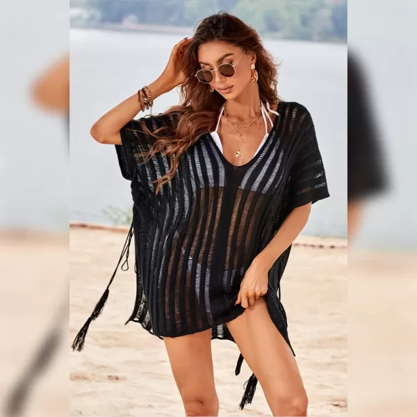 IDOPIP Swimsuit Coverup for Women Cover up Beach Dress Mesh Lace Crochet VNeck Bikini Beachwear Swimwear Dress Bathing SuitBlack  Straps