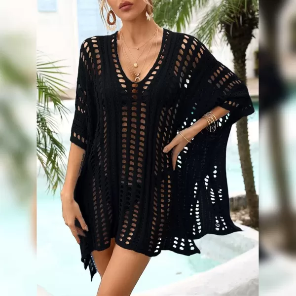 IDOPIP Swimsuit Coverup for Women Cover up Beach Dress Mesh Lace Crochet VNeck Bikini Beachwear Swimwear Dress Bathing SuitBlack