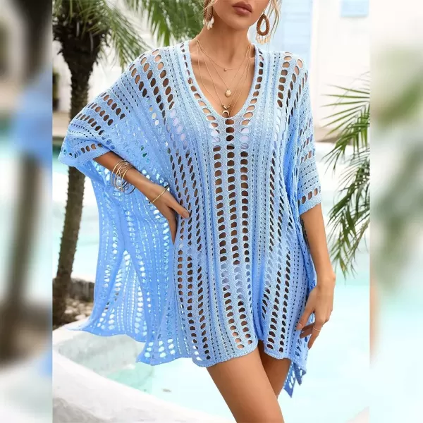 IDOPIP Swimsuit Coverup for Women Cover up Beach Dress Mesh Lace Crochet VNeck Bikini Beachwear Swimwear Dress Bathing SuitBlue