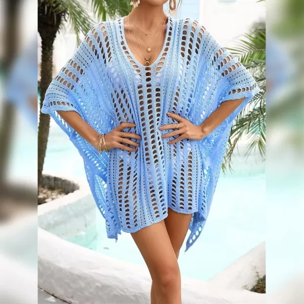 IDOPIP Swimsuit Coverup for Women Cover up Beach Dress Mesh Lace Crochet VNeck Bikini Beachwear Swimwear Dress Bathing SuitBlue