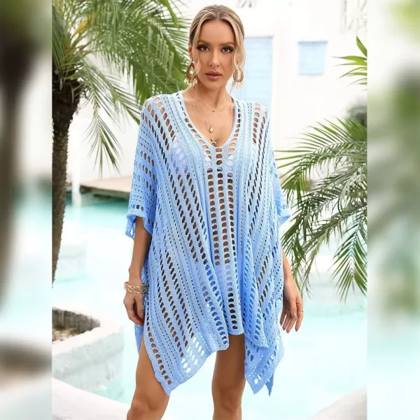 IDOPIP Swimsuit Coverup for Women Cover up Beach Dress Mesh Lace Crochet VNeck Bikini Beachwear Swimwear Dress Bathing SuitBlue