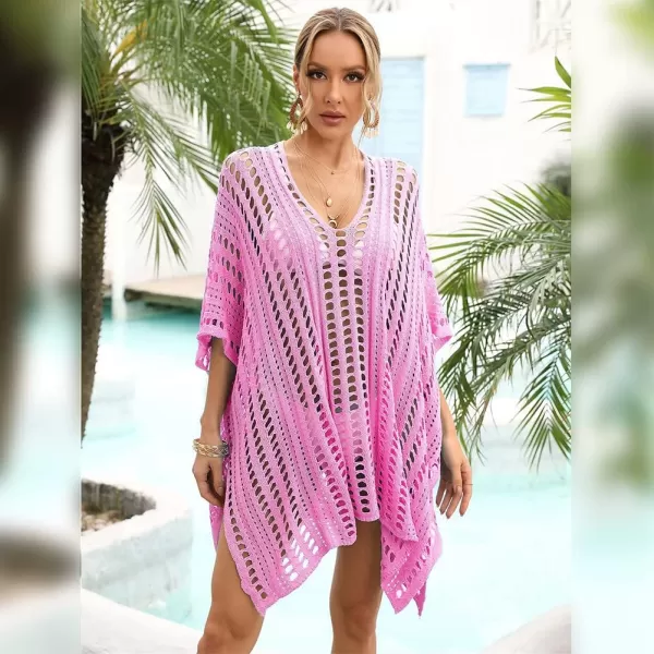 IDOPIP Swimsuit Coverup for Women Cover up Beach Dress Mesh Lace Crochet VNeck Bikini Beachwear Swimwear Dress Bathing SuitPink