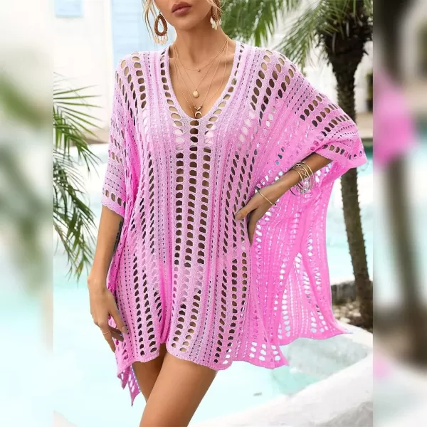 IDOPIP Swimsuit Coverup for Women Cover up Beach Dress Mesh Lace Crochet VNeck Bikini Beachwear Swimwear Dress Bathing SuitPink