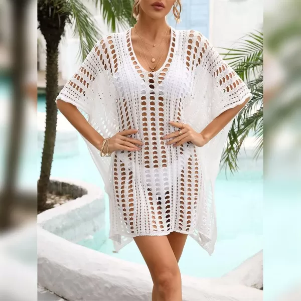 IDOPIP Swimsuit Coverup for Women Cover up Beach Dress Mesh Lace Crochet VNeck Bikini Beachwear Swimwear Dress Bathing SuitWhite