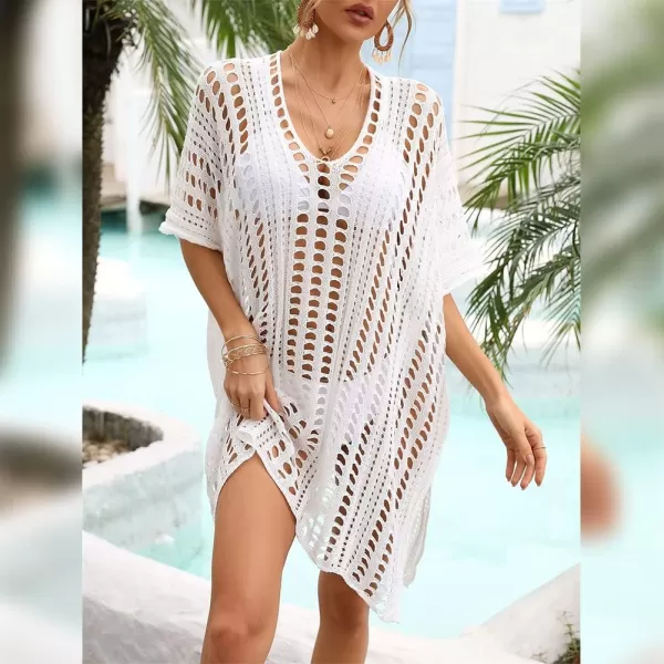 IDOPIP Swimsuit Coverup for Women Cover up Beach Dress Mesh Lace Crochet VNeck Bikini Beachwear Swimwear Dress Bathing SuitWhite