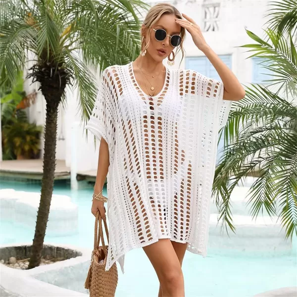 IDOPIP Swimsuit Coverup for Women Cover up Beach Dress Mesh Lace Crochet VNeck Bikini Beachwear Swimwear Dress Bathing SuitWhite