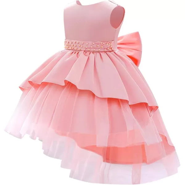 IDOPIP Toddler Baby Flower Girl Bowknot High Low Tutu Dress Beaded VBack Princess Pageant Wedding Birthday Party Formal GownPink