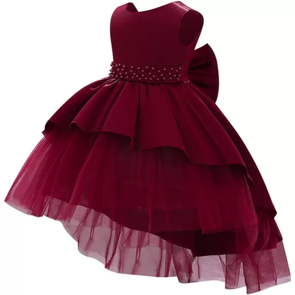 IDOPIP Toddler Baby Flower Girl Bowknot High Low Tutu Dress Beaded VBack Princess Pageant Wedding Birthday Party Formal GownWine Red