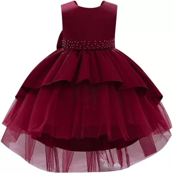 IDOPIP Toddler Baby Flower Girl Bowknot High Low Tutu Dress Beaded VBack Princess Pageant Wedding Birthday Party Formal GownWine Red