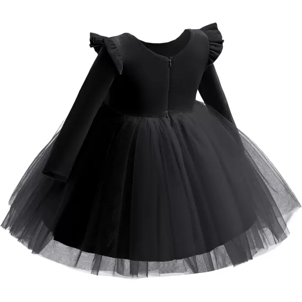 IDOPIP Toddler Baby Flower Girls Velvet Tutu Dress Fall Long Sleeve Princess Pageant Wedding Christmas Birthday Party DressesBlack