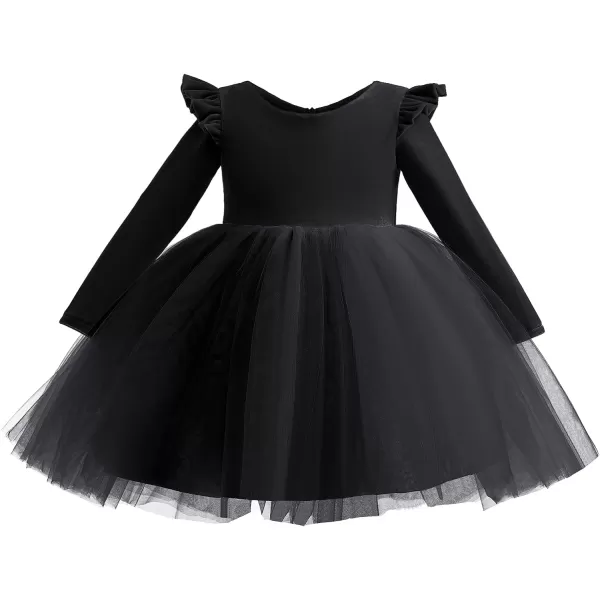 IDOPIP Toddler Baby Flower Girls Velvet Tutu Dress Fall Long Sleeve Princess Pageant Wedding Christmas Birthday Party DressesBlack