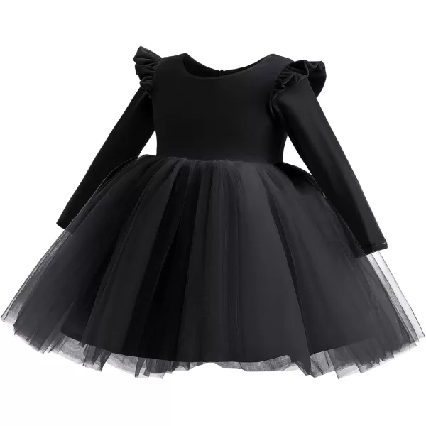 IDOPIP Toddler Baby Flower Girls Velvet Tutu Dress Fall Long Sleeve Princess Pageant Wedding Christmas Birthday Party DressesBlack