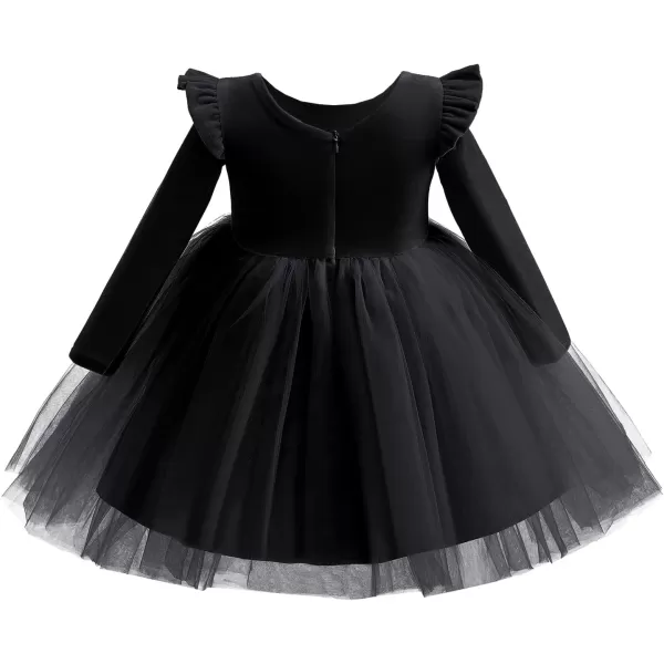 IDOPIP Toddler Baby Flower Girls Velvet Tutu Dress Fall Long Sleeve Princess Pageant Wedding Christmas Birthday Party DressesBlack