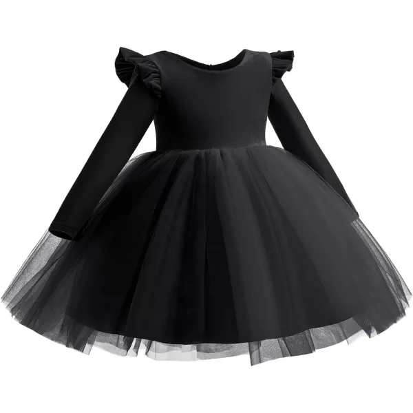 IDOPIP Toddler Baby Flower Girls Velvet Tutu Dress Fall Long Sleeve Princess Pageant Wedding Christmas Birthday Party DressesBlack
