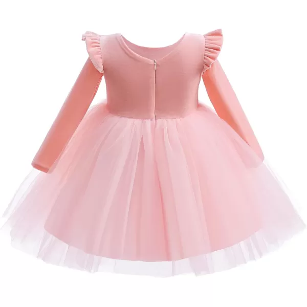 IDOPIP Toddler Baby Flower Girls Velvet Tutu Dress Fall Long Sleeve Princess Pageant Wedding Christmas Birthday Party DressesPink