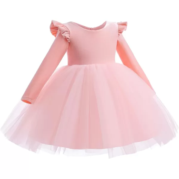 IDOPIP Toddler Baby Flower Girls Velvet Tutu Dress Fall Long Sleeve Princess Pageant Wedding Christmas Birthday Party DressesPink