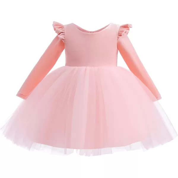 IDOPIP Toddler Baby Flower Girls Velvet Tutu Dress Fall Long Sleeve Princess Pageant Wedding Christmas Birthday Party DressesPink