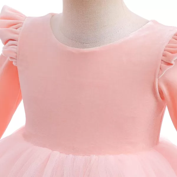IDOPIP Toddler Baby Flower Girls Velvet Tutu Dress Fall Long Sleeve Princess Pageant Wedding Christmas Birthday Party DressesPink