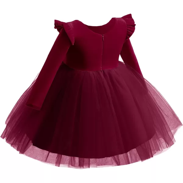 IDOPIP Toddler Baby Flower Girls Velvet Tutu Dress Fall Long Sleeve Princess Pageant Wedding Christmas Birthday Party DressesWine Red